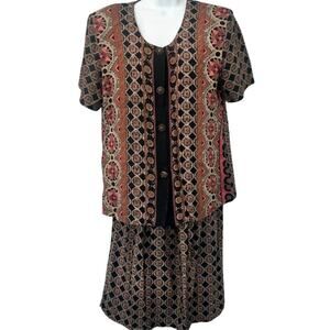 Vintage Brown Red Geometric Button Up Short Sleeve Top Skirt Suit Set size M